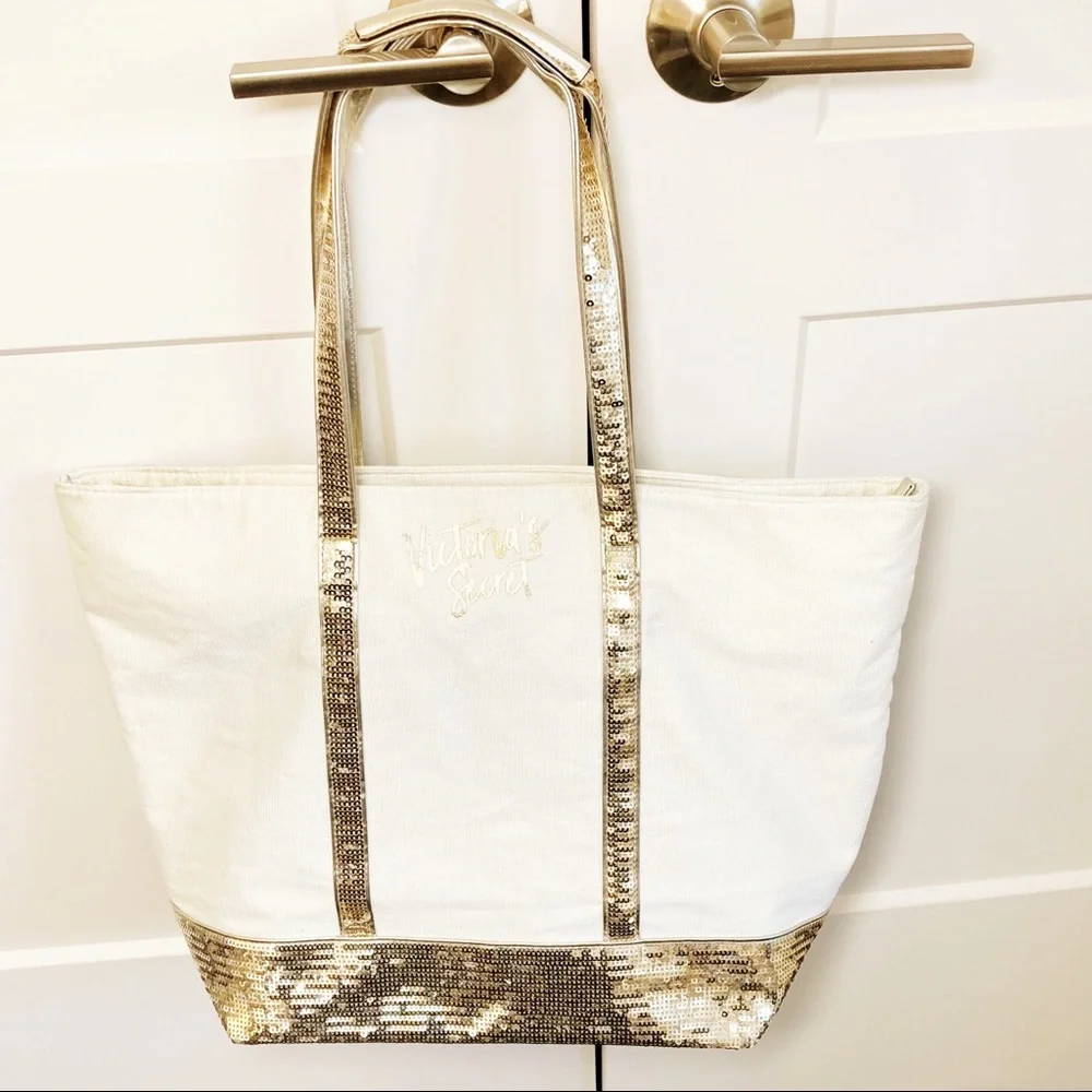 Victoria’s Secret cream Gold Sequin Large Tote NWOT - Picture 3 of 10